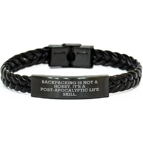 Backpacking Gifts from Friends, Perfect Post-apocalyptic Life Skill Interlaced Leather Bracelet for Christmas, Quote Included, Gift for Backpacking Men and Women (150-200 characters)