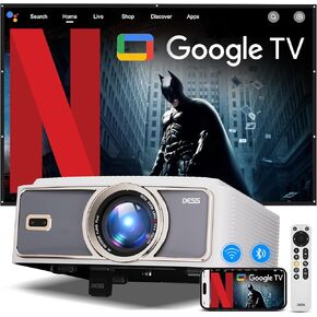 【Google Tv &1500Brightness】Dess Projector,Projector With Wifi 6 And Bluetooth, Movie Proyector with Electric Stand, Smart Projector with Netflix,Auto Focus & Keystone, Native 1080P, High Contrast