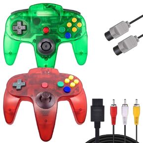 PGYFDAL 2 Pack Classic Controls for N64 Gaming ، Wired N64 Gamepad Anwystick with 1 Root 5.9ft N64 AV Controller Cable (أحمر وشفاف أخضر)