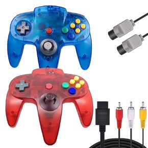 N64 Controller, PGYFDAL 2 Pack Classic Wired N64 Gamepad Upgraded Joystick with 1 Root 5.9FT N64 AV Cable (Transparent Red and Sapphire Blue)