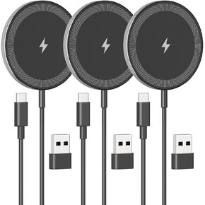3-Pack Magnetic Wireless Charger Pad: 15W Fast Mag-Safe Qi Charging Pad for Apple - iPhone 16 16e 15 14 13 12 Series - AirPods 4 3 2 Pro - Home Office Travel (Black)