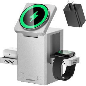 25W 3 in 1 Charging Station for Apple Devices,Auto Open/Close Mag-Safe Wireless Charging Stand Cube,Travel Wireless Charger Dock for iPhone 16/15/14Series & Apple Watch & AirPods (Metal Gray)