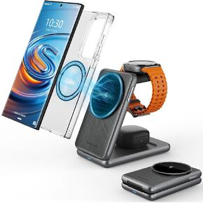 الشاحن اللاسلكي المغناطيسي لسامسونج ، 3 في 1 محطة شحن Magsafe قابلة للطي لـ Samsung Galaxy S25 Ultra/S24/Buds ، شاحن طرد بنقرة واحدة لـ Galaxy Watch Ultra/7 [لمشاهدة Samsung فقط]