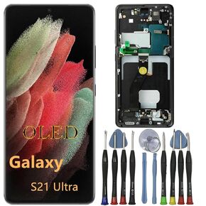 OLED GALAXY S21 Ultra Screen Replacement for Samsung S21ULTRA 5G DISPACK Touch Screen Digitizer Assembly SM-G998U SM-G998U1 G998B LCD Pudprint (مع إطار أسود+أدوات)