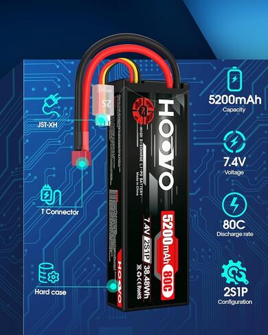HOOVO 2S 7.4V 5200mAh 80C RC LiPo Battery Hard Case with Deans Connector for RC Buggy Vehicles Car Boat Truck (2 Pack) in Kuwait