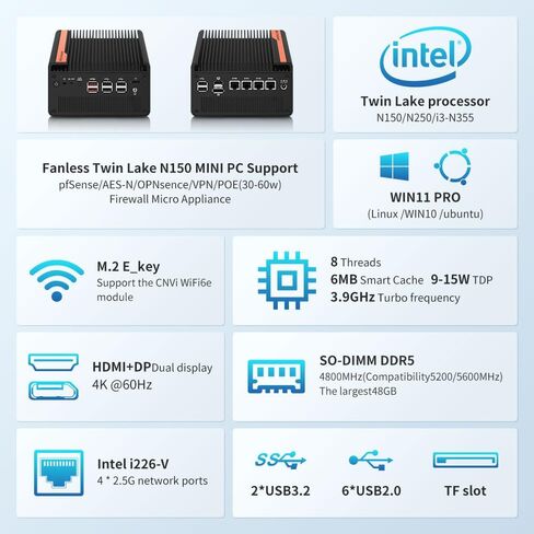 Mini PC N100 NAS 5 M.2 Nvme Pocket NAS Small PC,4X2.5GbE LAN Mirco Desktop Computer 2HD 4K@60HZ,Router/QNAS/Firewall DDR5 for Office Business (8GB RAM 128GB SSD, N100) in Kuwait