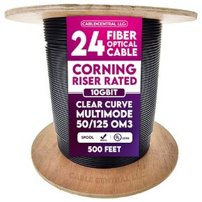 12 Fiber Indoor/Outdoor Fiber Optic Cable, Multimode 50/125, Corning Clear Curve OM3, 10 Gbit, Black, Riser Rated, Spool, 1000 Feet