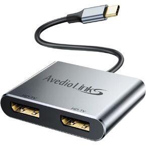 يرتبط Avedio USB C بمحول DisplayPort المزدوج ، 4K@60Hz من النوع C إلى DP DUAL MONTORTER ، متوافق مع Dell XPS 13 15 ، Lenovo Yoga ، Sumsung ، Chromebook ، HP ، Lenovo （Gray