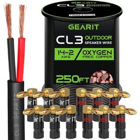 GearIT 250ft 14 AWG CL3 Speaker Wire & 12 Rt Angle Banana