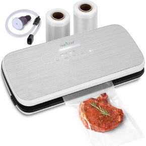 NutriChef Automatic Food Vacuum Sealer, Electric Air Sealing Preserver System for Dry and Moist Foods, LED Control, Strong Suction, Includes Bags, Wine Stopper Cork, and Air Suction Hose, 14"x6"x3"