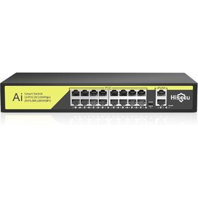 Hiseeu 16 Port PoE Switch Unmanaged w/2 Gigabit Uplink 1000 Mbps,802.3 af/at Compliant,250W (Each Port up to 30 W),Extend to 250M,Silent Operation,Sturdy Metal Housing,Plug and Play