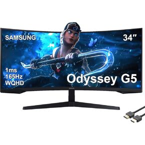 SAMSUNG 34" Odyssey G5 Series Ultra-Wide WQHD Gaming Monitor, 1000R Curved, 165Hz, 1ms Response Time, FreeSync Premium, Black, with MTC HDMI Cable