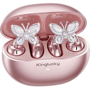 Kinglucky Jewelry-Inspired Clip-On Earbuds with Butterfly Earrings, Comfortable Fit & 50H Playtime Open Ear Bluetooth 5.4 Wireless Headphones for Women, Small Ears, Sports & Workouts (Pink)