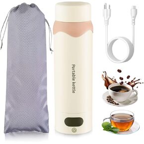 Portable Electric Kettle 16oz - Travel Kettle Vacuum Insulation 304 Stainless Steel Portable Water Boiler Pot Plug for Coffee, Tea - 4 Adjustable Temperature and Automatic Shut-off with Kettle Bag