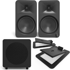 Kanto ORA4MW Pro Audio Bluetooth Desktop Speakers with a SUB8VMB Sealed Powered 8" Subwoofer S6W Angled Desktop Speaker Stands for Large Speakers (2024)