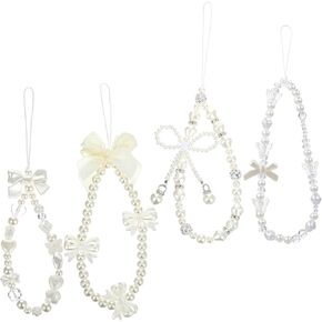 4pcs Phone Charm Strap, Beaded Pearl Butterfly Phone Lanyard Wrist, Acrylic Phones Case Charms for Camera keychain Purse for Women (White)