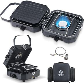 Nice C Camping Stove, Camping Stove Propane, 2 Burner Propane Camping Stove with Grill, Camp Stove, Portable Stove, 16,000 BTU Camp Stove with 2 Burner, Grill & Carry Bag for Camping