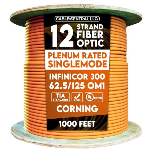 12 Fiber Indoor Distribution Fiber Optic Cable, Multimode 62.5/125 OM1, Corning InfiniCor 300, Plenum Rated, Orange, Spool, 1000 Feet in Kuwait