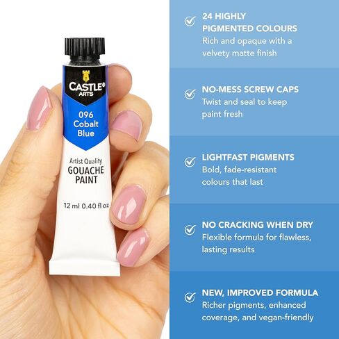 مجموعة أنابيب الغواش المكونة من 24 قطعة من Castle Art Supplies | 24 × 12 مل ألوان رائعة وغير شفافة وذات أساس مائي | متعددة الاستخدامات وسهلة الاستخدام للفنانين البالغين والمبتدئين والمحترفين | في صندوق عرض قوي وأنيق in Kuwait