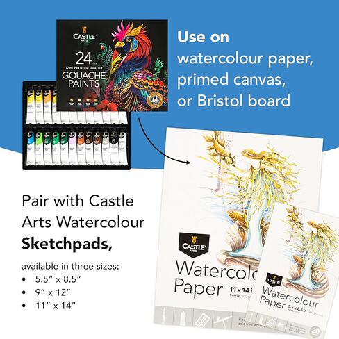 مجموعة أنابيب الغواش المكونة من 24 قطعة من Castle Art Supplies | 24 × 12 مل ألوان رائعة وغير شفافة وذات أساس مائي | متعددة الاستخدامات وسهلة الاستخدام للفنانين البالغين والمبتدئين والمحترفين | في صندوق عرض قوي وأنيق in Kuwait