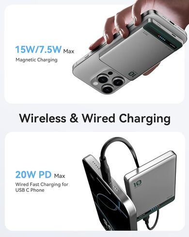Kuulaa for MagSafe Battery Pack 10000mAh, Alloy Type C 20W Ultra Slim Wireless Portable Phone Charger with USB-C Cable, 0.51in Magnetic Power Bank for iPhone 16/15/14/13/12 (Silver) in Kuwait