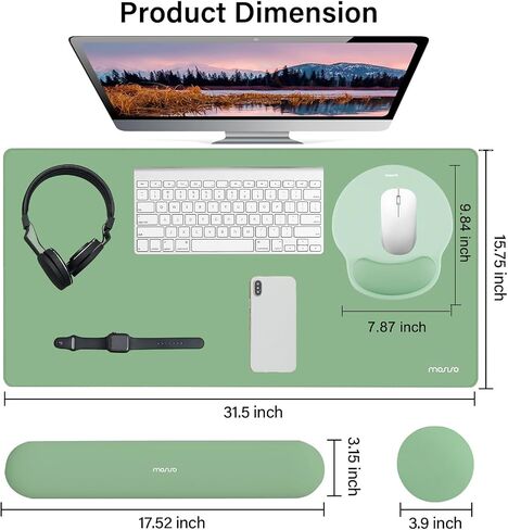 MOSISO Wrist Rest for Keyboard Mouse Pad Set, Large Gaming Deskpad&Circle Curved Mousepad&Keyboard Wrist Rest&Coaster, Ergonomic Non-Slip Mousepad&Easy Typing Pad with Curved Memory Foam, Green in Saudi Arabia