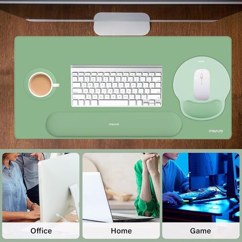 MOSISO Wrist Rest for Keyboard Mouse Pad Set, Large Gaming Deskpad&Circle Curved Mousepad&Keyboard Wrist Rest&Coaster, Ergonomic Non-Slip Mousepad&Easy Typing Pad with Curved Memory Foam, Green in Saudi Arabia