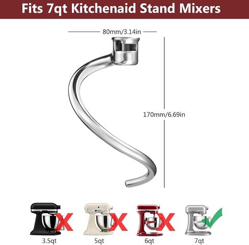 Dough Hook Replacement for KitchenAid 7QT Bowl-Lift Stand Mixers, Spiral and Stainless Steel Hook for Kitchen aid Attachment Accessories in Saudi Arabia