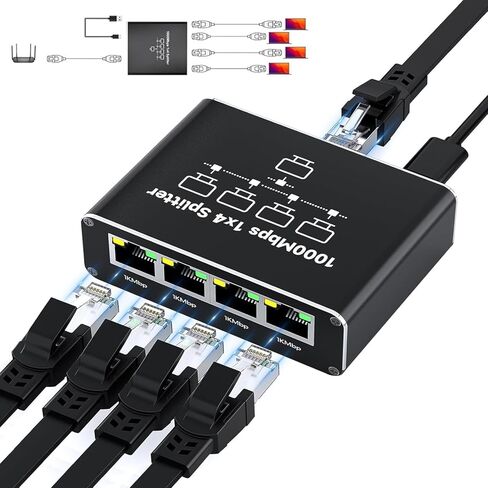 Ethernet Splitter 1 to 4, 1000Mbps High-Speed Internet Splitter, Gigabit RJ45 Port Router Switch, LAN-Splitter, Supporting Simultaneous Networking of 4 Devices, Applicable to Cat5/5e/6/7/8 Cable in Kuwait
