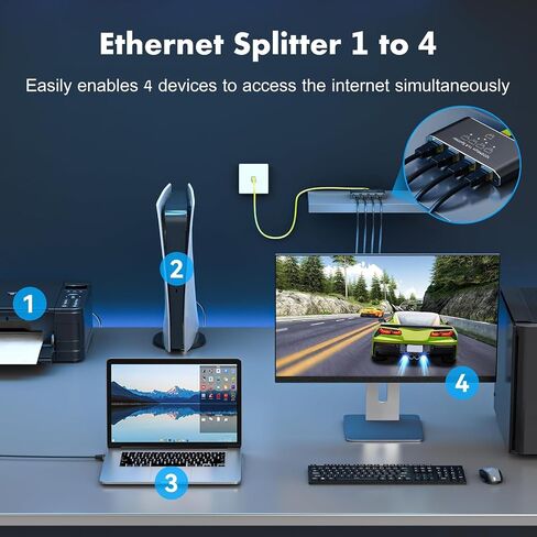 Ethernet Splitter 1 to 4, 1000Mbps High-Speed Internet Splitter, Gigabit RJ45 Port Router Switch, LAN-Splitter, Supporting Simultaneous Networking of 4 Devices, Applicable to Cat5/5e/6/7/8 Cable in Kuwait