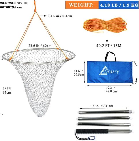 Drasry Large Collapsible Bridge Pier Fishing Net Landing Net with Rod, High Load Aluminum Ring Drop Net for Saltwater and Freshwater Pier Fishing Basket with 49.2 ft. Rope in Kuwait