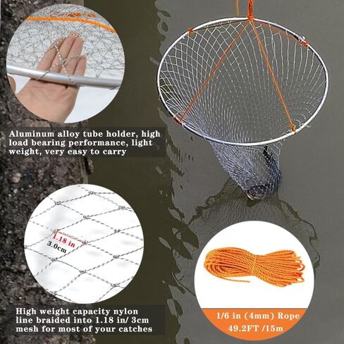 Drasry Large Collapsible Bridge Pier Fishing Net Landing Net with Rod, High Load Aluminum Ring Drop Net for Saltwater and Freshwater Pier Fishing Basket with 49.2 ft. Rope in Kuwait