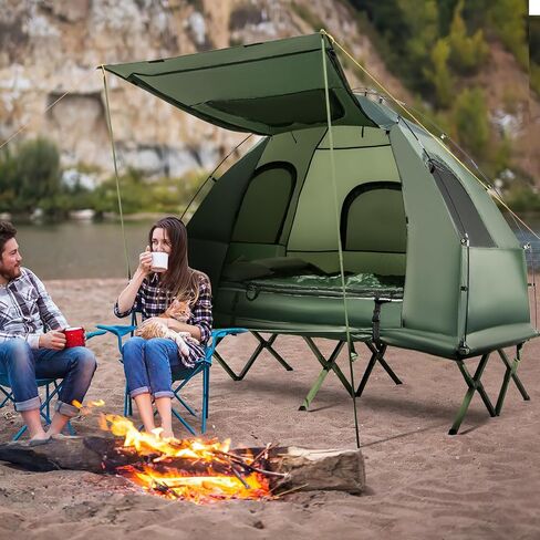 LDAILY Camping Tent Cot, 5 in 1 Off Ground Elevated Tent with Air Mattress, Sleeping Bag & Pillow, Folding Camping Cot Combo with Carrying Bag for Outdoor Hiking, RV, Picnic, Field Backyard (2 Person) in Saudi Arabia