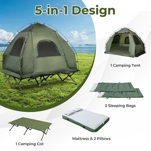 LDAILY Camping Tent Cot, 5 in 1 Off Ground Elevated Tent with Air Mattress, Sleeping Bag & Pillow, Folding Camping Cot Combo with Carrying Bag for Outdoor Hiking, RV, Picnic, Field Backyard (2 Person) in Saudi Arabia
