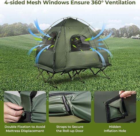 LDAILY Camping Tent Cot, 5 in 1 Off Ground Elevated Tent with Air Mattress, Sleeping Bag & Pillow, Folding Camping Cot Combo with Carrying Bag for Outdoor Hiking, RV, Picnic, Field Backyard (2 Person) in Saudi Arabia