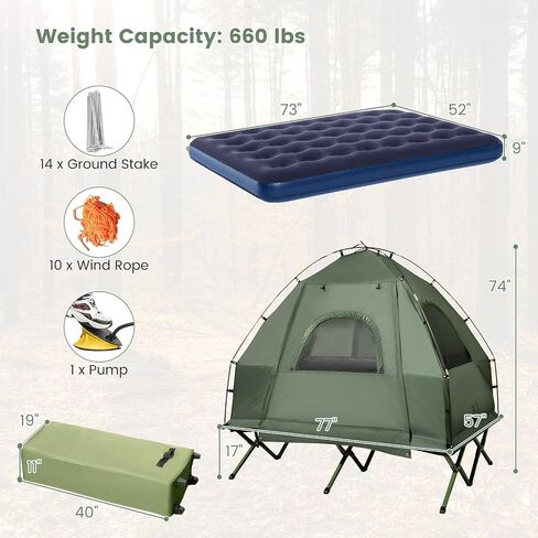 LDAILY Camping Tent Cot, 5 in 1 Off Ground Elevated Tent with Air Mattress, Sleeping Bag & Pillow, Folding Camping Cot Combo with Carrying Bag for Outdoor Hiking, RV, Picnic, Field Backyard (2 Person) in Saudi Arabia