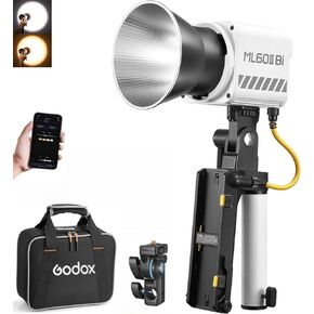 Godox ML60IIBi 70W Bi-Color LED Video Light with Handheld Battery Case Kit, 2800K-6500K Studio COB LED Bright Light, Portable LED Photography Light CRI 96+ TLCI 97+, 11 FX Effects&App Control