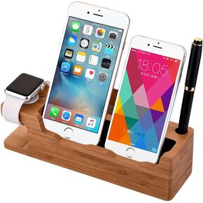 MOOZO Bamboo Wood Desktop Charging Dock Station Charger Holder Cradle Stand Compatible iPhone Xs MAX XR X 8 7 6 6S Plus Apple Watch 2 3 4 / iWatch Samsung Galaxy S8 S7 S6 Edge Plus LG HTC Smartphones