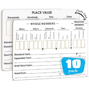 SCRIBBLEDO 10 Pack Place Value Board 9" x 12" Double Sided Dry Erase Boards for Kids for Teaching Place Values from Billions to Decimal Numbers Math Manipulative Lapboard for Teachers School Classroom