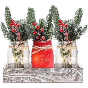 Christmas Mason Jars, Christmas Centerpiece Table Settings, Wood Tray with 3 Painted Jars, Dining Coffee Table Centerpiece, For Kitchen, Living Room, Christmas Mason Jar Decor with Flowers (3 Color)
