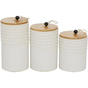 Deco 79 Ceramic Decorative Jars with Wood Lids, Set of 3 9", 8", 7"H, White