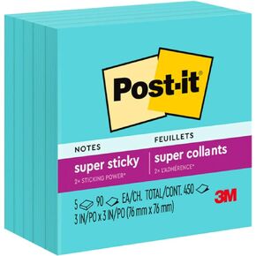 Post-it Super Sticky Notes, 5 Sticky Note Pads, 3 x 3 in., School Supplies, Office Products, Sticky Notes for Vertical Surfaces, Monitors, Walls and Windows,Aqua
