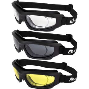 3 Pairs of Birdz Eyewear Flyer Extreme Sports Construction Super Seal Safety Goggles with Clear Smoke & Yellow Lenses & Rx Adaptor