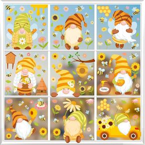 Bee Window Clings Honey Bee Window Stickers Gnome Window Decoration for Glass Window Spring Bumble Bee Honey Pot Flowers Design Window Decals Static Cling Window Film Party Decals Supplies 9Sheets
