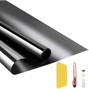 Arthome One Way Window Privacy Film Daytime Privacy Window Tint for Home Anti UV Static Cling Heat Control Reflective Glass Film for Home and Office, 17.5 Inch x 6.5 Feet, Black Silver