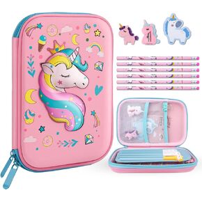 homicozy Pencil Case for Girls,Cute Unicorn Stationary Set for Kids,3D EVA School Large Capacity Pencil Pen Box with Compartment,School Supplies for Girls,Back to School Gifts for Kids,Pink