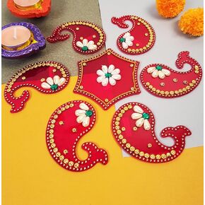 Handmade Red Dolphin Acrylic Diwali Rangoli Floor Decorations Table Decoration Studded Stones Sequins Traditional Festive Home Door Décor | Floor Wall Stickers RJV-002