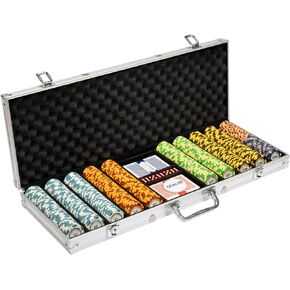 Brybelly 14 Gram 500 Count Poker Set - Monte Carlo - 14G Clay Composite Chips with Aluminum Case, Playing Cards, Dealer Button for Poker, Texas Hold'em, Blackjack, Casino Games at Home