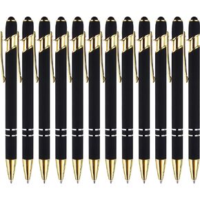12 Pack Black Gold Ballpoint Pen with Stylus Tip, 1.0 mm Black Ink Smooth Writing Pens, Metal Stylus Pens for Touch Screens