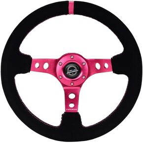 NRG Innovations NRG-RST-006S-FHA Reinforced Steering Wheel 350mm Sport Steering Wheel (3" Deep), Black Suede Fushia Center Mark with Fushia Stitching Fushia Center Spoke